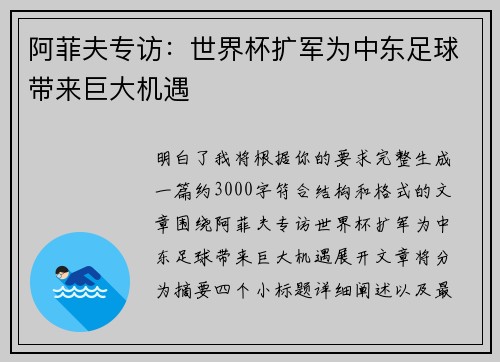 阿菲夫专访：世界杯扩军为中东足球带来巨大机遇