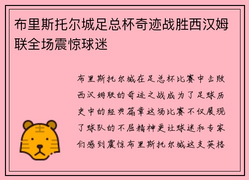布里斯托尔城足总杯奇迹战胜西汉姆联全场震惊球迷 布里斯托尔城足总杯奇迹战胜西汉姆联全场震惊球迷
