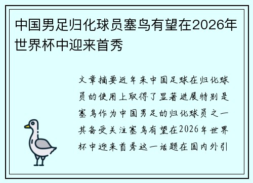 中国男足归化球员塞鸟有望在2026年世界杯中迎来首秀
