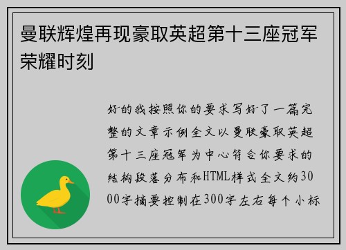 曼联辉煌再现豪取英超第十三座冠军荣耀时刻 曼联辉煌再现豪取英超第十三座冠军荣耀时刻